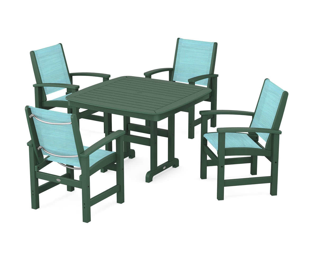 POLYWOOD Coastal 5-Piece Dining Set with Nautical 44" Dining Table in Green / Dupioni Aquamarine