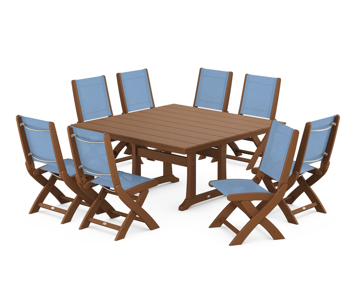 POLYWOOD Coastal Folding Side Chair 9-Piece Farmhouse Dining Set in Teak / Poolside