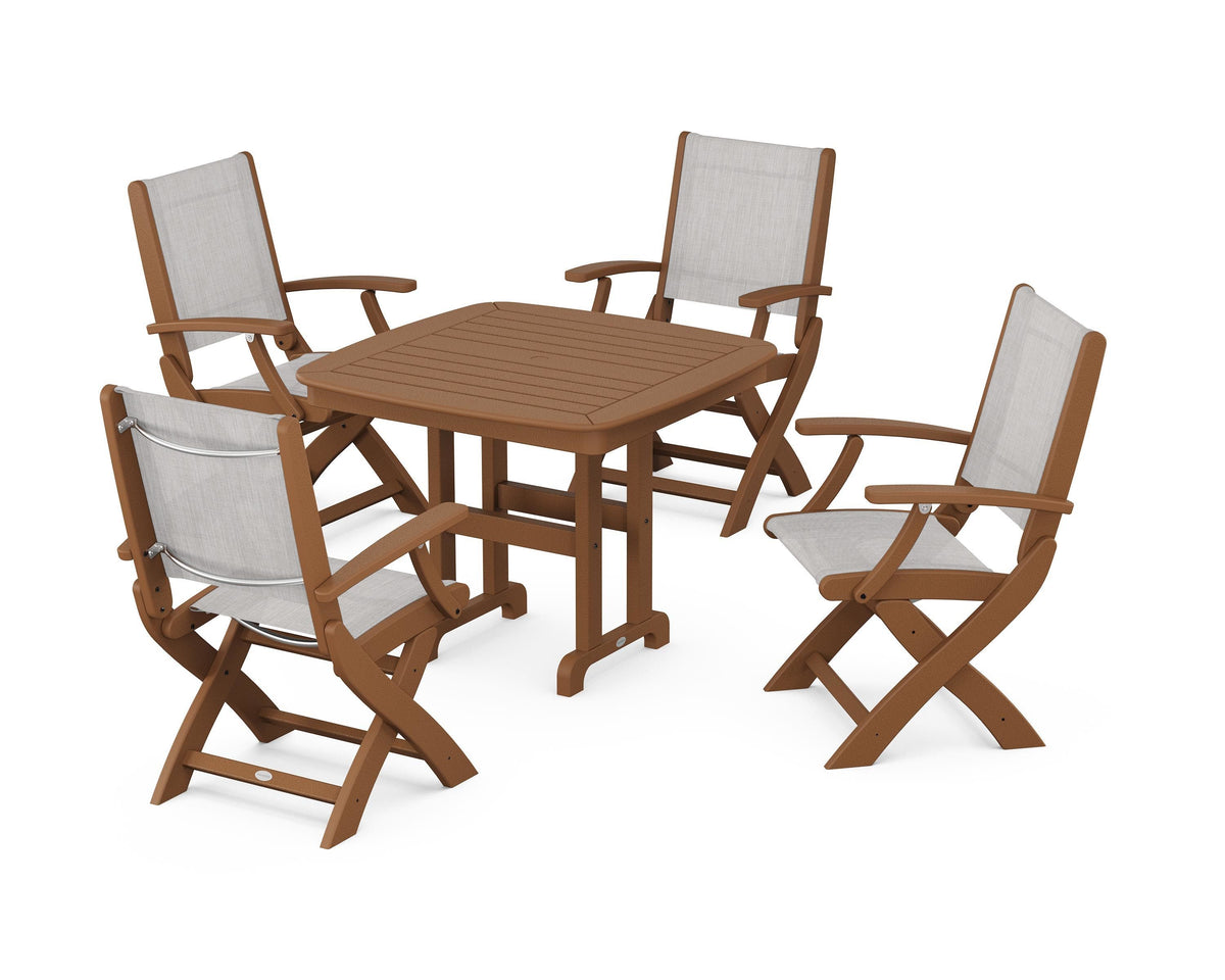 POLYWOOD Coastal Folding Chair 5-Piece Dining Set with Nautical 37" Dining Table in Teak / Parchment