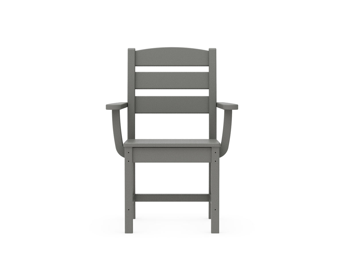 Angled view of the POLYWOOD Lakeside Dining Arm Chair in Slate Grey