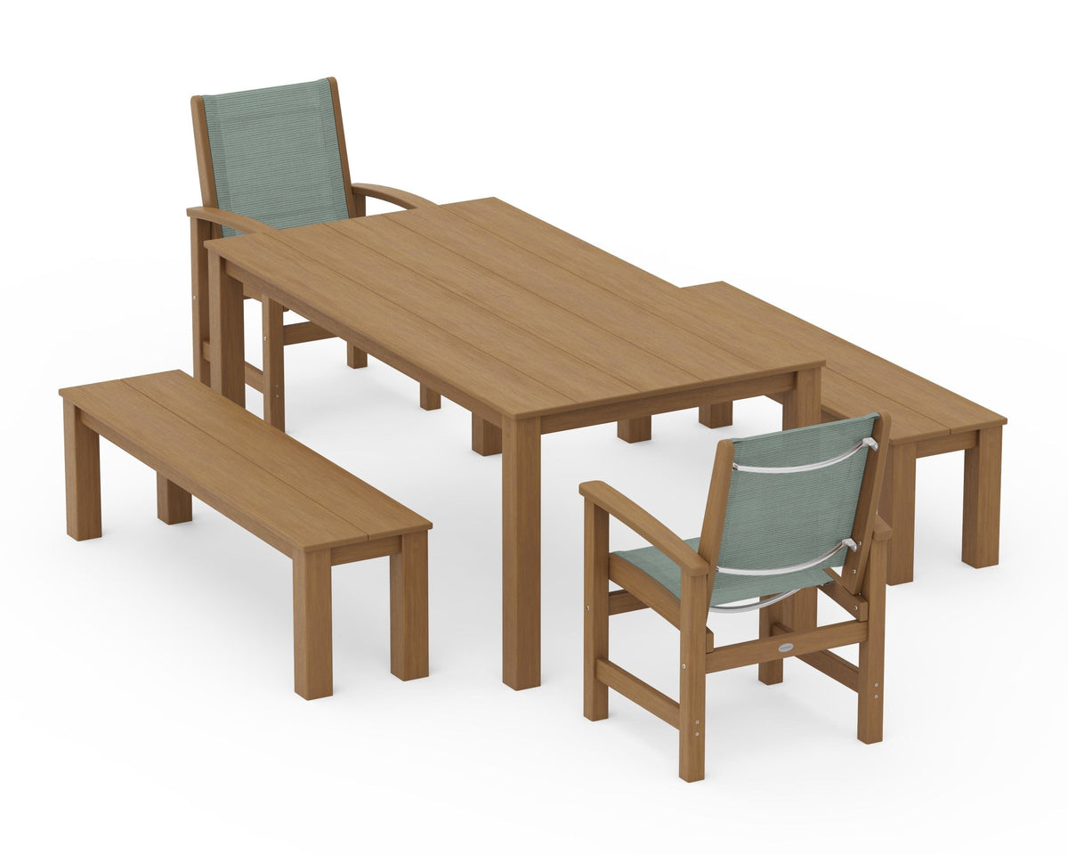 POLYWOOD Coastal 5-Piece Parsons Dining Set with Benches in Natural / Dupioni Sea Mist