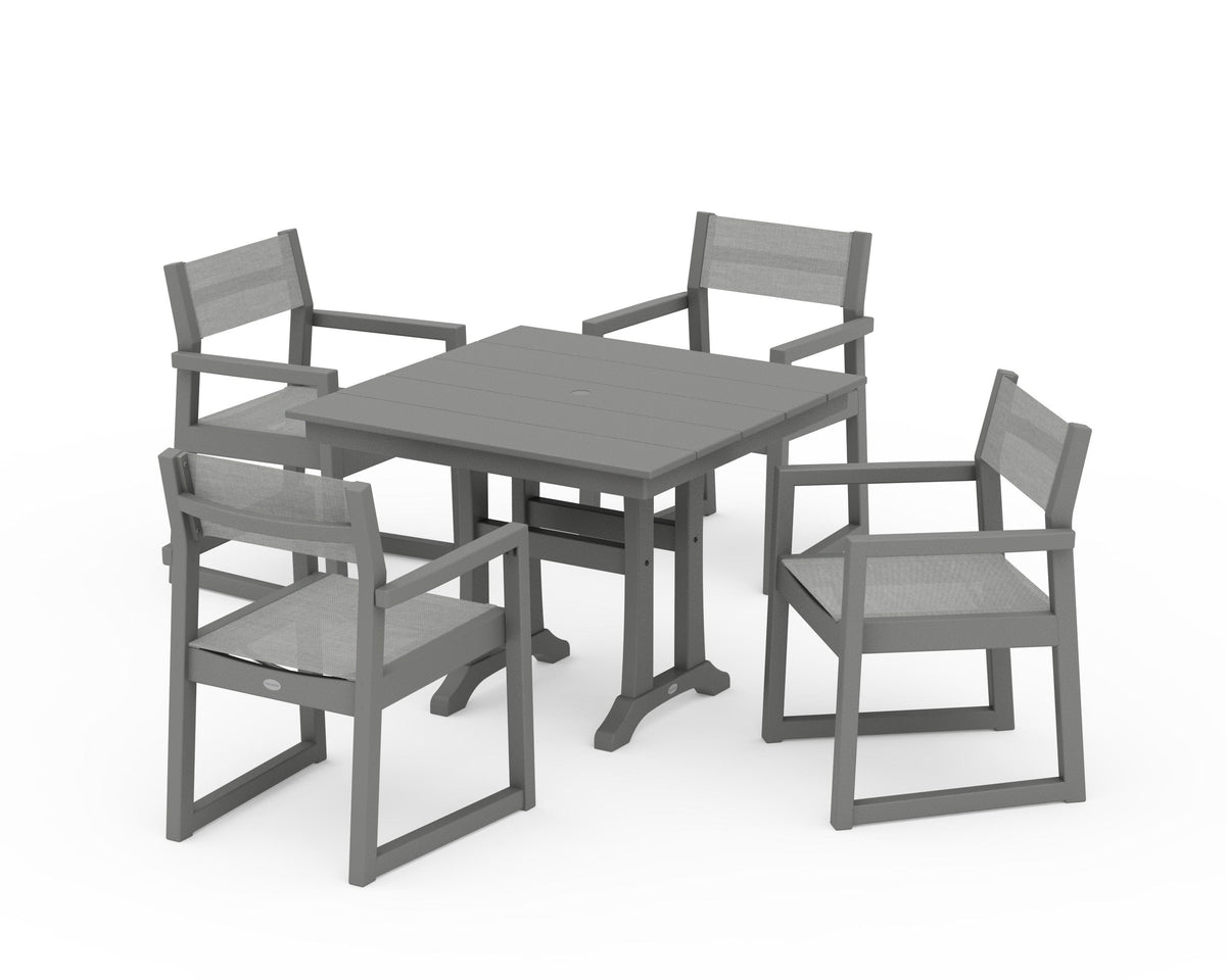 POLYWOOD EDGE Sling 5-Piece Farmhouse Dining Set with Trestle Legs in Slate Grey / Metallic