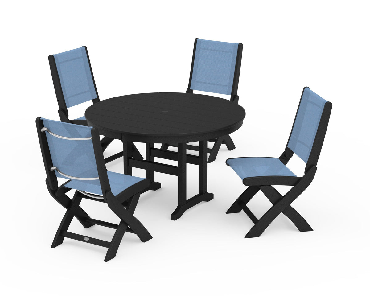 POLYWOOD Coastal Folding Side Chair 5-Piece Round Dining Set in Black / Poolside