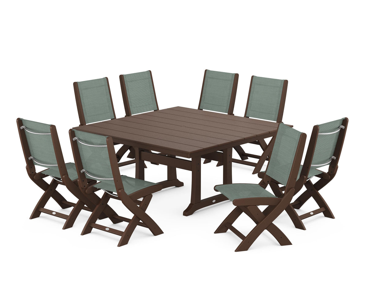 POLYWOOD Coastal Folding Side Chair 9-Piece Farmhouse Dining Set in Mahogany / Dupioni Sea Mist