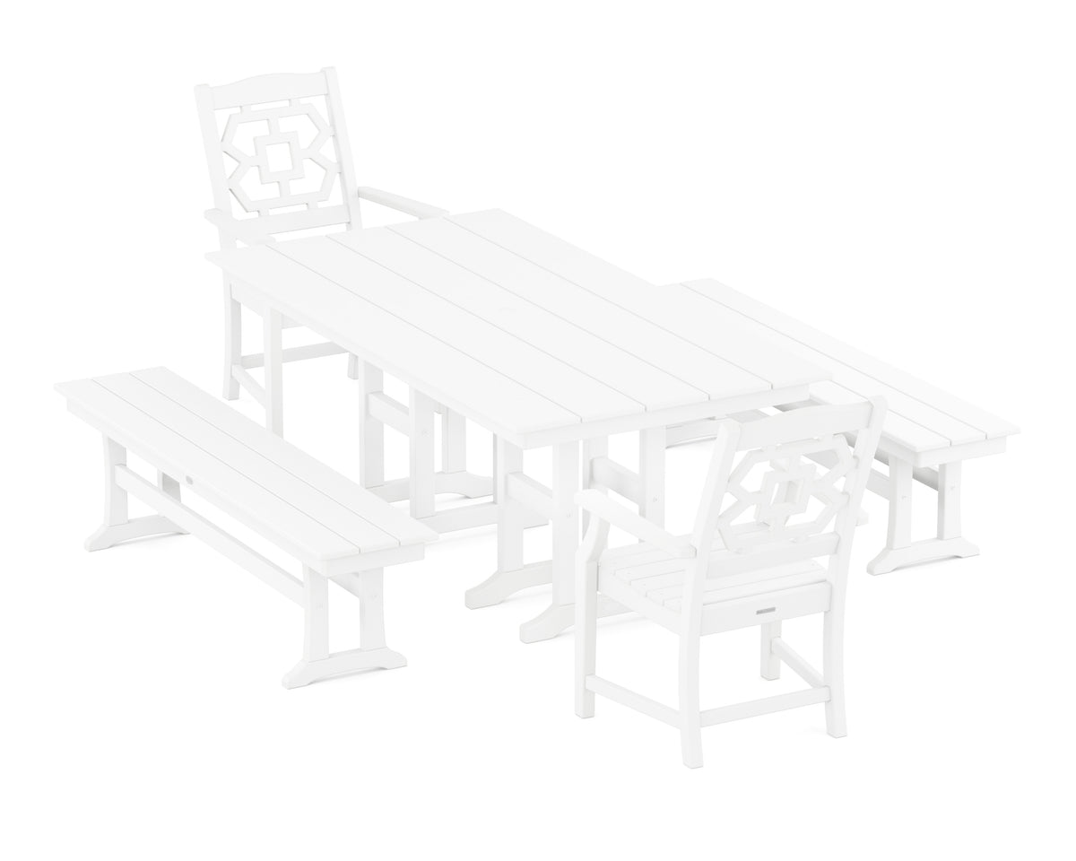 POLYWOOD Chinoiserie 5-Piece Farmhouse Dining Set with Benches in White