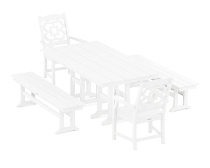 POLYWOOD Chinoiserie 5-Piece Farmhouse Dining Set with Benches in White