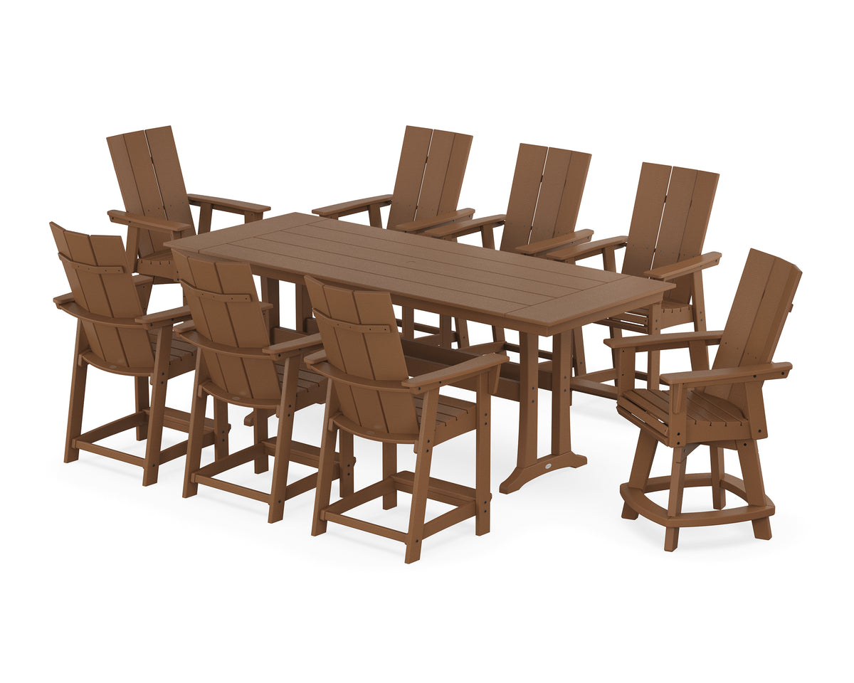 POLYWOOD Modern Curveback Adirondack Swivel 9-Piece Farmhouse Counter Set with Trestle Legs in Teak