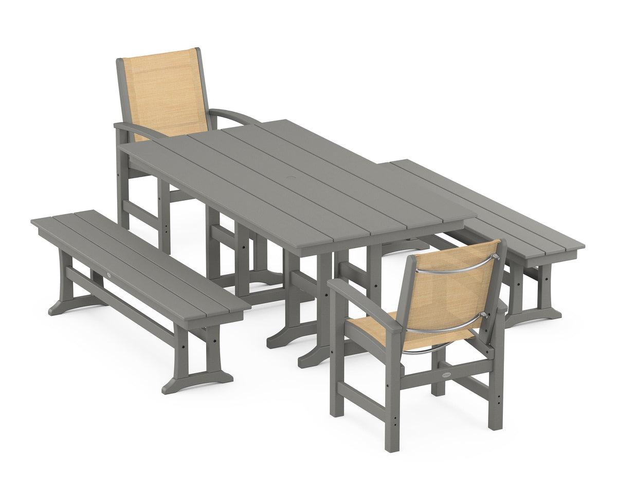 POLYWOOD Coastal 5-Piece Farmhouse Dining Set with Farmhouse 37" x 72" Dining Table in Slate Grey / Dupioni Apricot