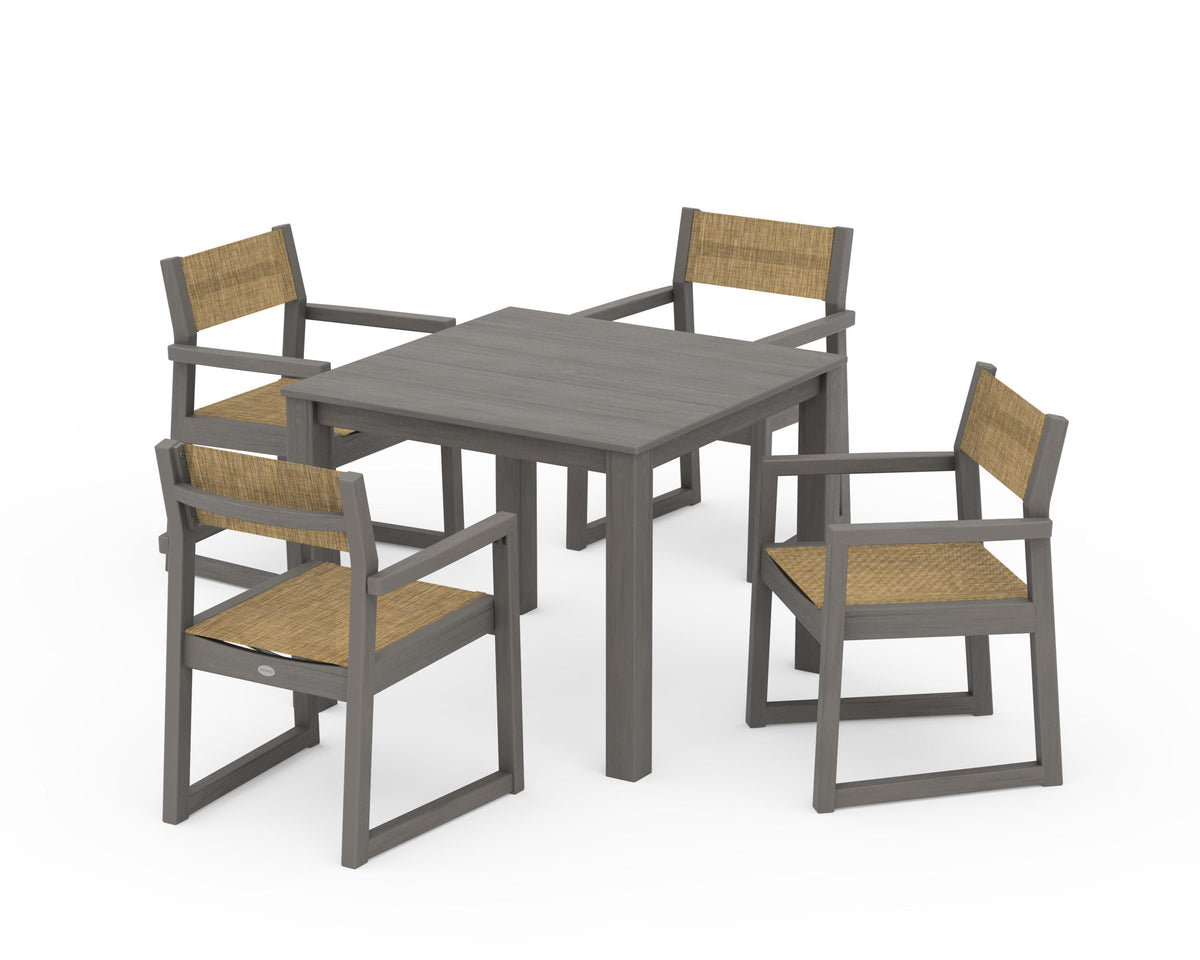 POLYWOOD EDGE Sling Arm Chair 5-Piece Parsons Dining Set in Driftwood / Burlap