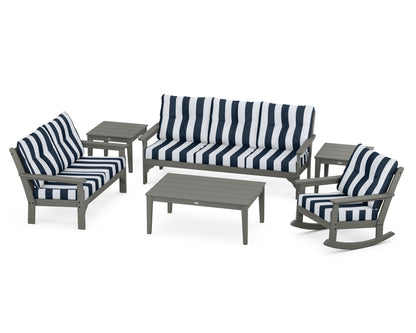 POLYWOOD Vineyard 6-Piece Deep Seating Set with Rocking Chair in Slate Grey / Cabana Stripe Marine Indigo