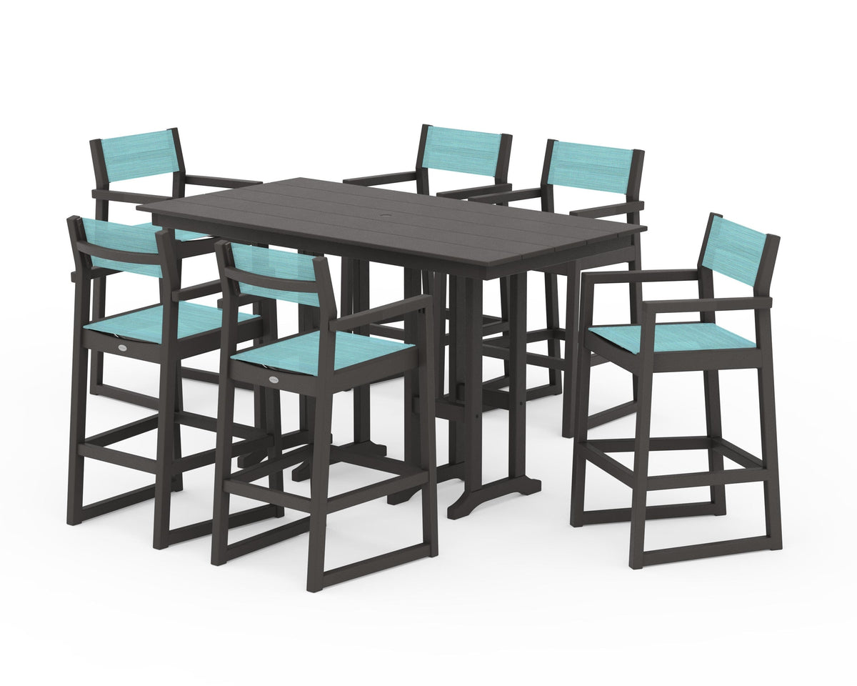 POLYWOOD EDGE Sling Arm Chair 7-Piece Farmhouse Bar Set in Vintage Coffee / Dupioni Aquamarine