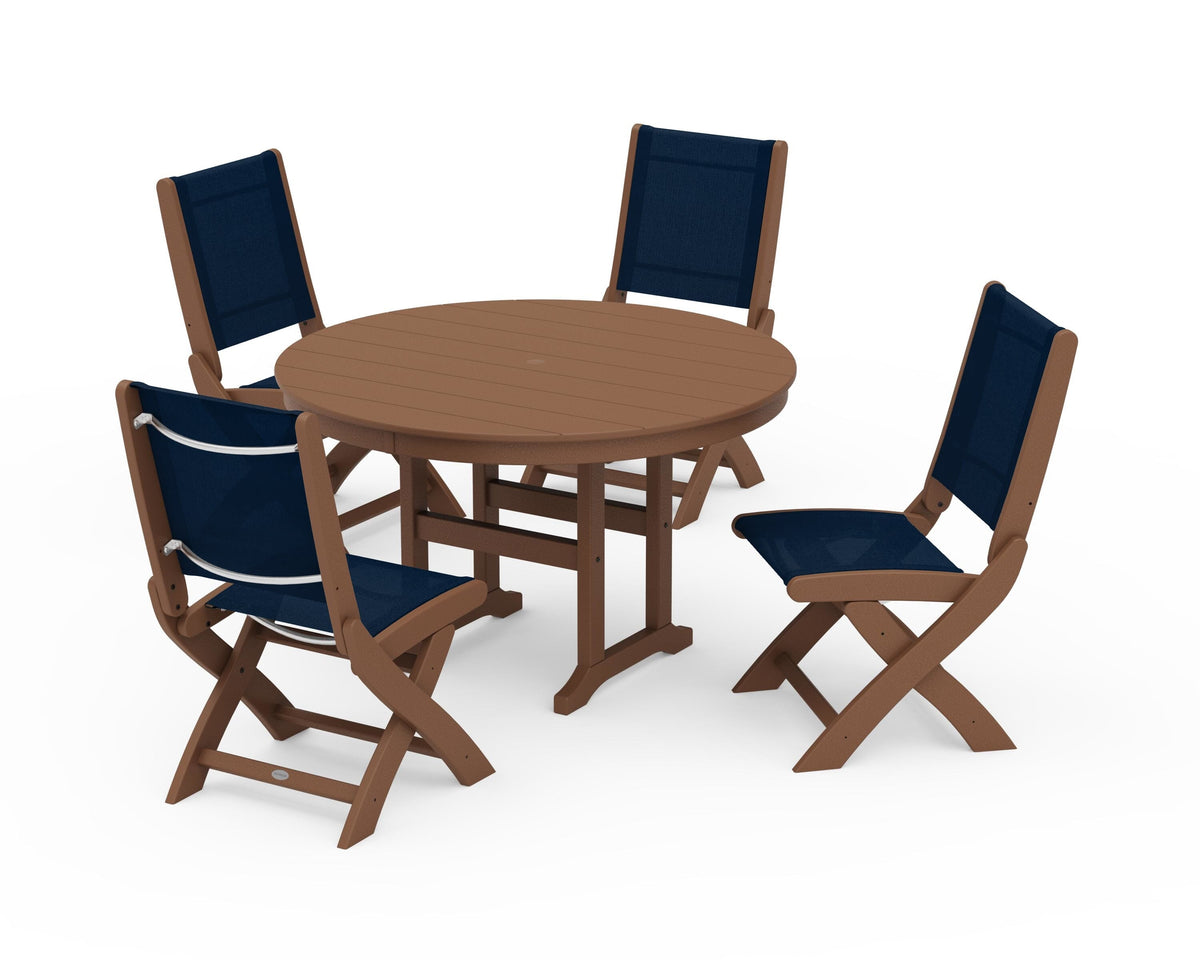 POLYWOOD Coastal Folding Side Chair 5-Piece Round Dining Set in Teak / Navy Blue