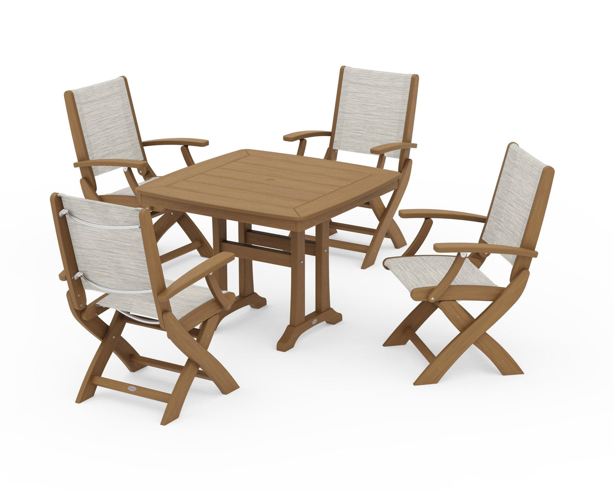 POLYWOOD Coastal Folding Chair 5-Piece Dining Set with Trestle Legs in Natural / Birch