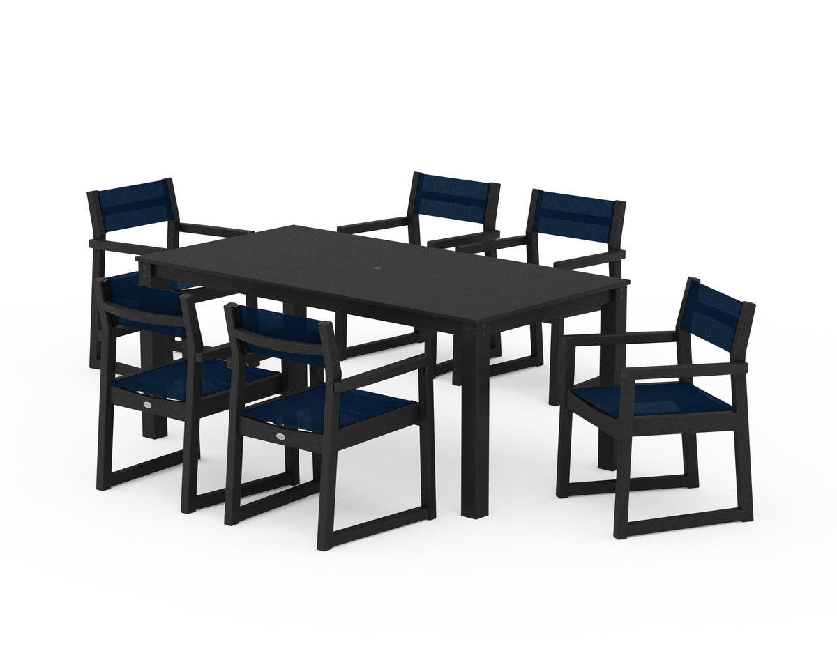 POLYWOOD EDGE Sling Arm Chair 7-Piece Parsons Dining Set in Black / Navy Blue