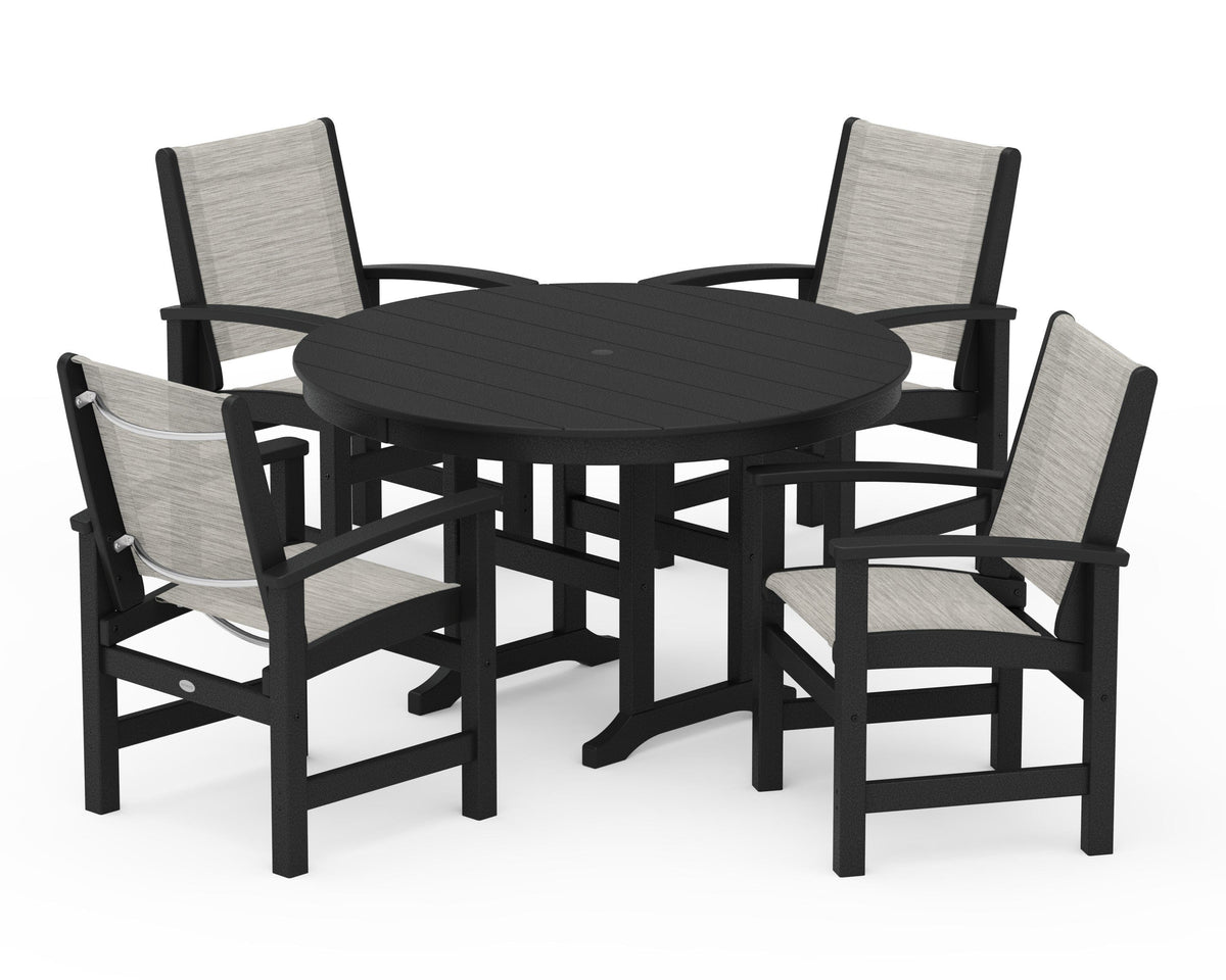 POLYWOOD Coastal 5-Piece Round Farmhouse Dining Set in Black / Birch