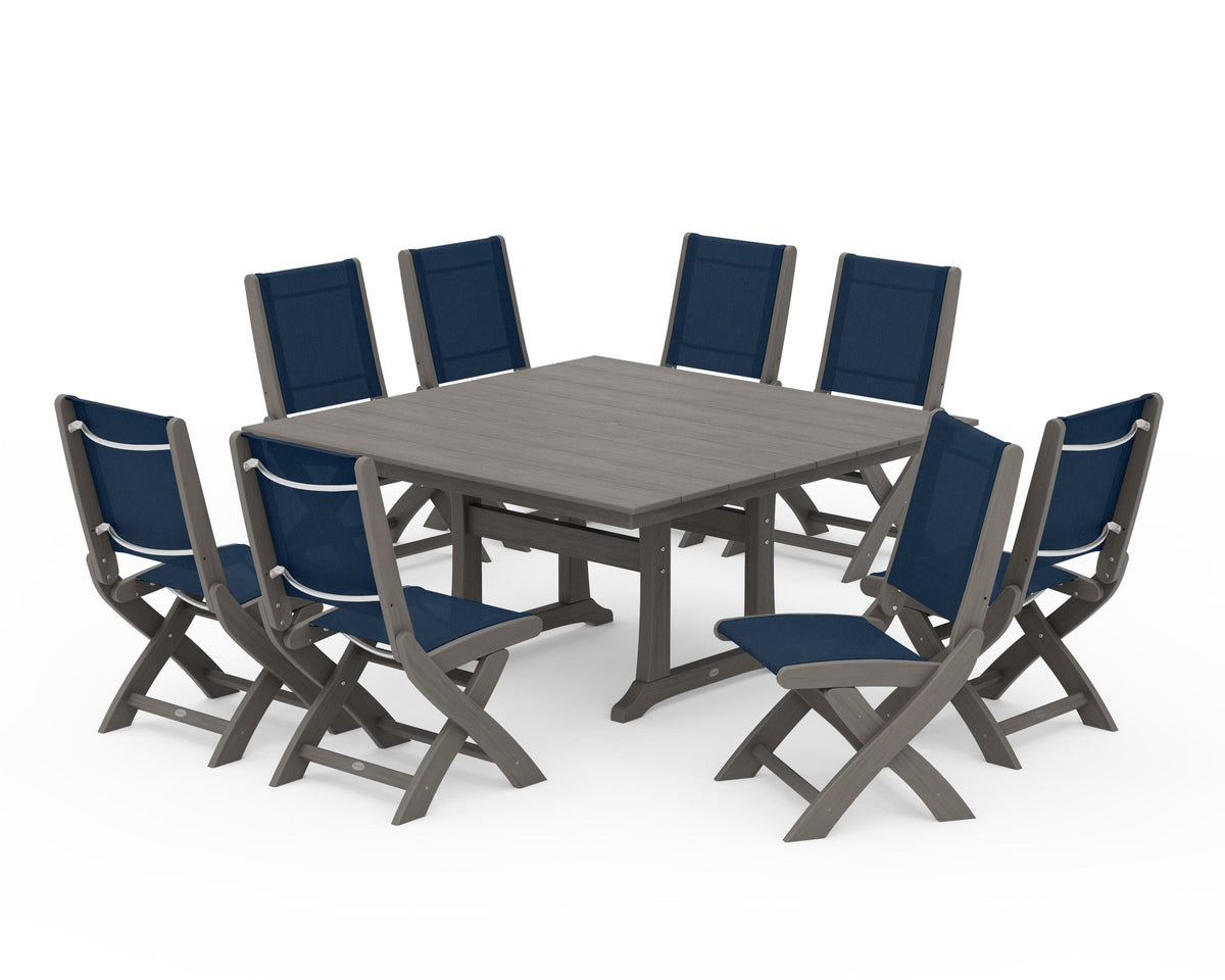 POLYWOOD Coastal Folding Side Chair 9-Piece Farmhouse Dining Set in Driftwood / Navy Blue