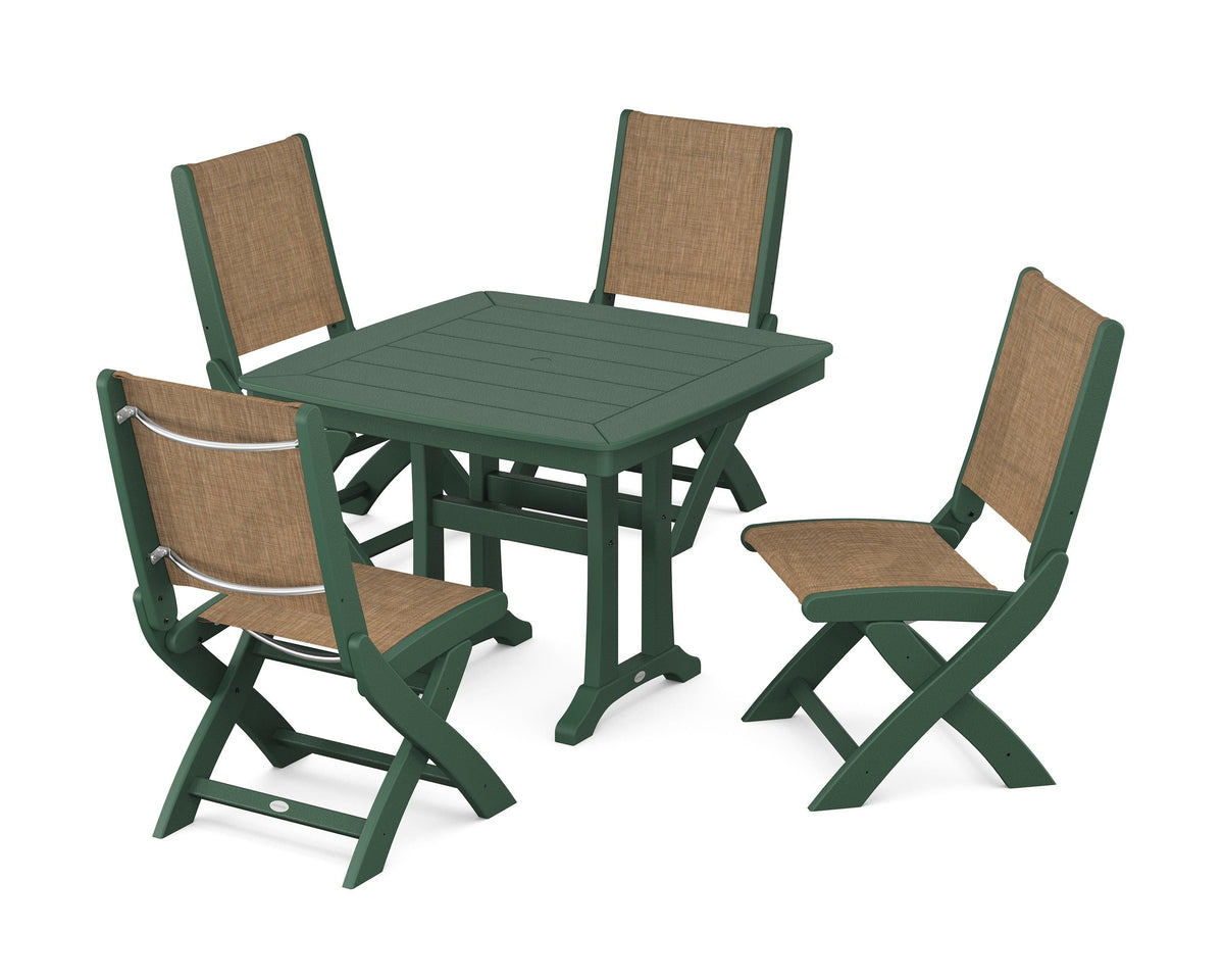 POLYWOOD Coastal Folding Side Chair 5-Piece Dining Set with Trestle Legs in Green / Burlap