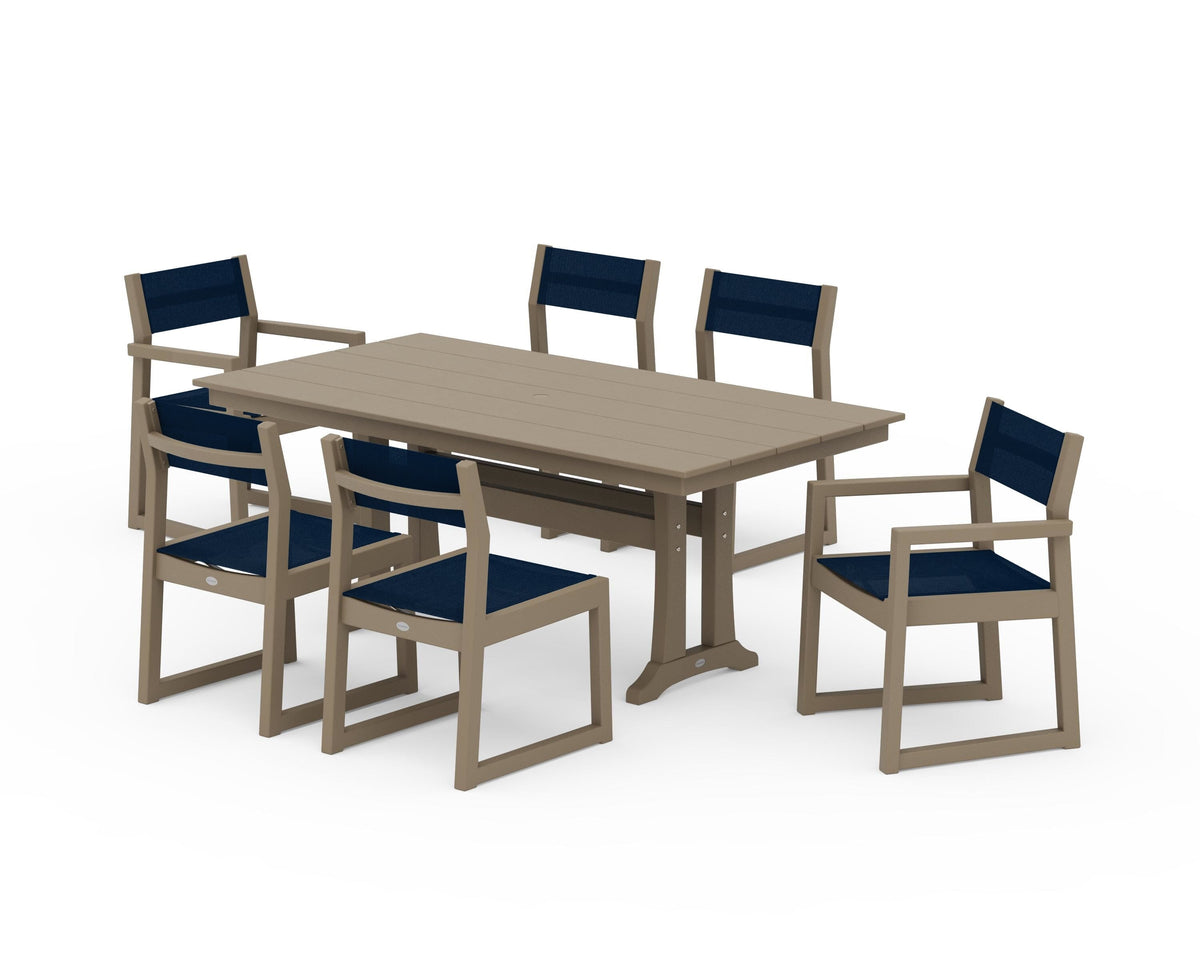 POLYWOOD EDGE Sling 7-Piece Farmhouse Trestle Dining Set in Vintage Sahara / Navy Blue