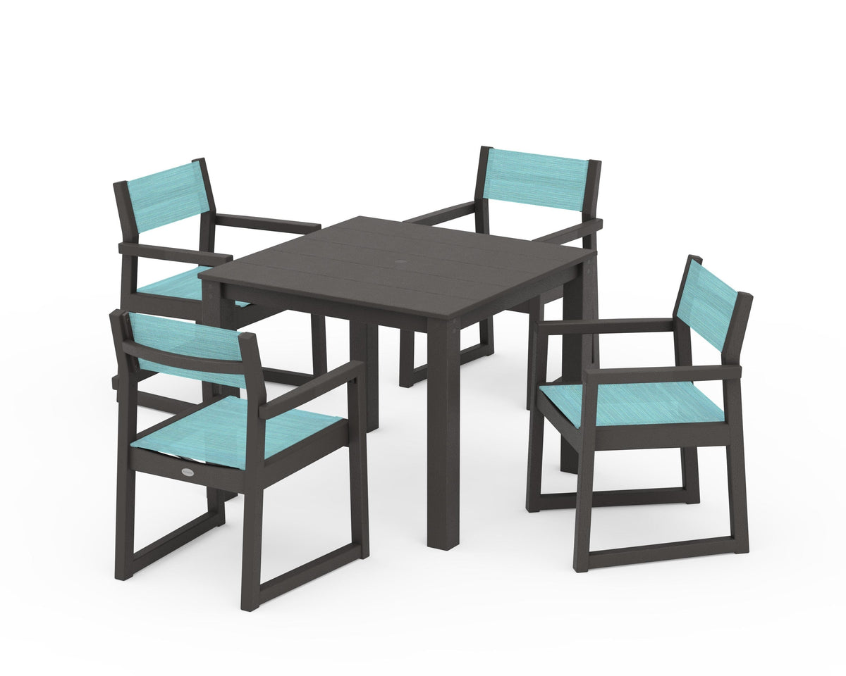 POLYWOOD EDGE Sling Arm Chair 5-Piece Parsons Dining Set in Vintage Coffee / Dupioni Aquamarine