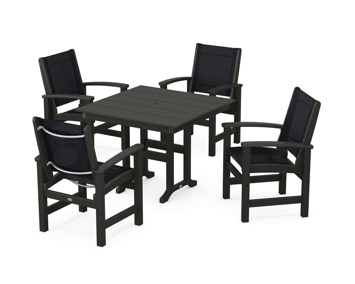 POLYWOOD Coastal 5-Piece Farmhouse Dining Set with Farmhouse 37" Dining Table in Black / Black