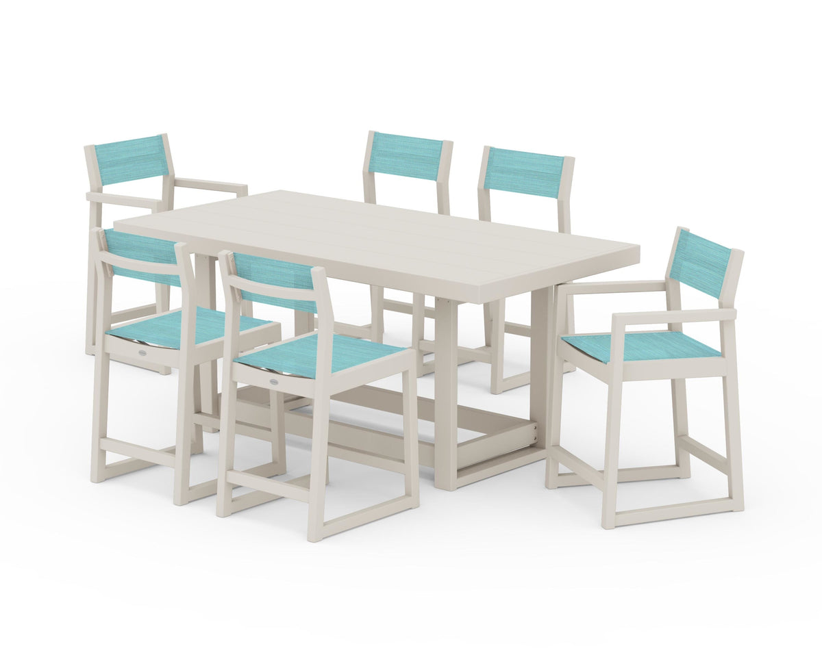 POLYWOOD EDGE Sling 7-Piece Counter Table Set in Sand / Dupioni Aquamarine