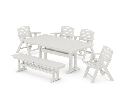 POLYWOOD Nautical Lowback 6-Piece Dining Set with Trestle Legs and Bench in Vintage White