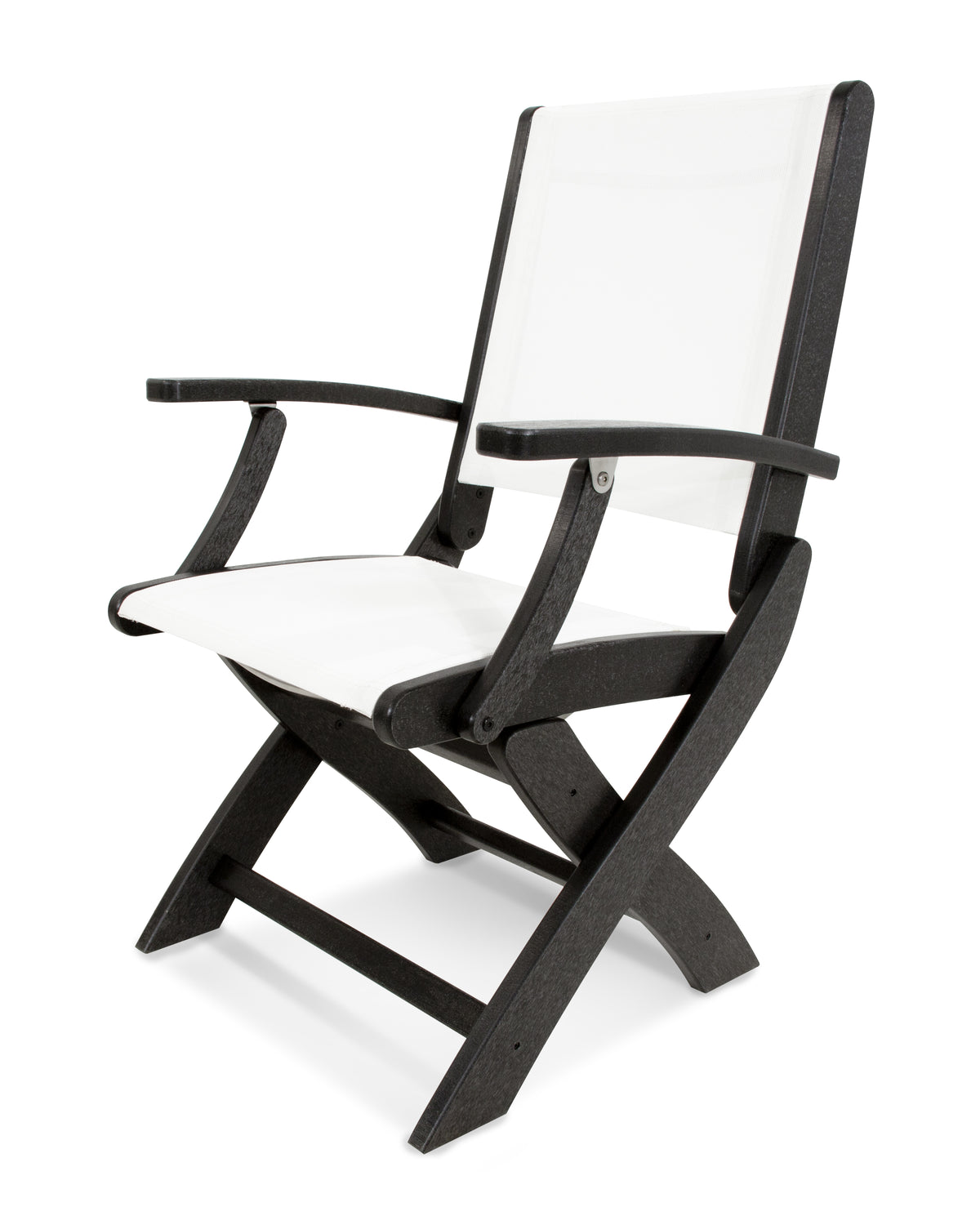 POLYWOOD Coastal Folding Chair in Black with Black arms and White sling
