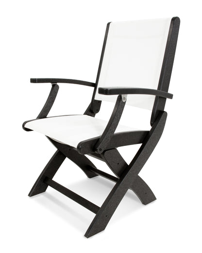 POLYWOOD Coastal Folding Chair in Black with Black arms and White sling