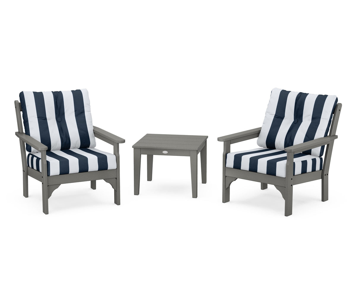 POLYWOOD Vineyard 3-Piece Deep Seating Set in Slate Grey / Cabana Stripe Marine Indigo
