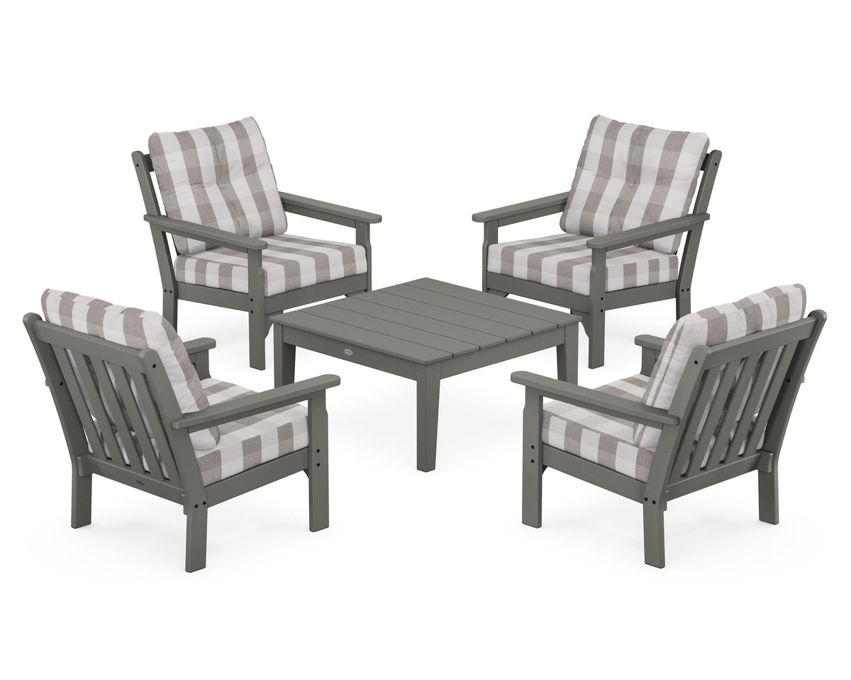 POLYWOOD Vineyard 5-Piece Deep Seating Conversation Set in Slate Grey / Buffalo Plaid Grey Mist