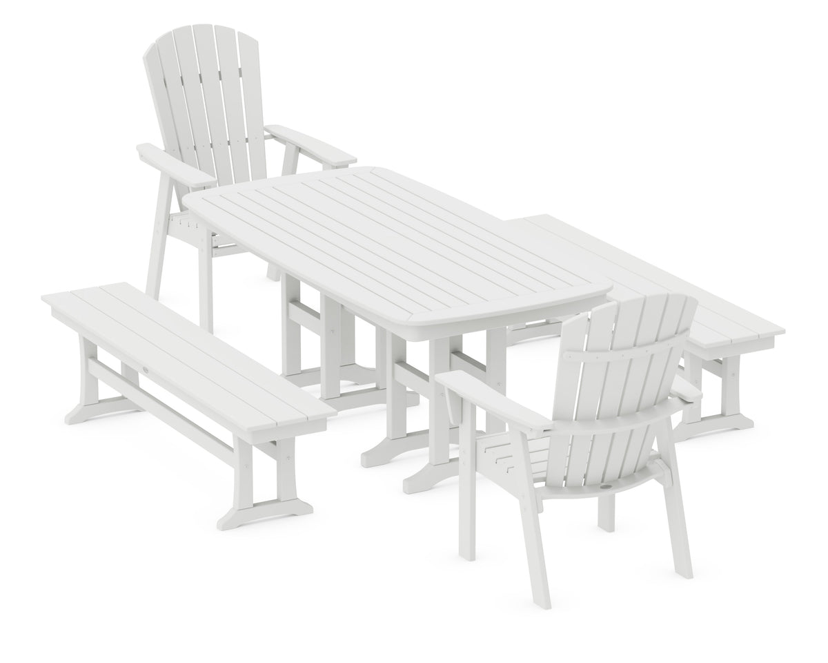 POLYWOOD Nautical Curveback Adirondack 5-Piece Dining Set with Benches - 37" x 72" Table in White