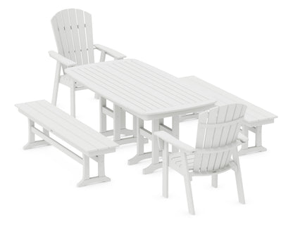 POLYWOOD Nautical Curveback Adirondack 5-Piece Dining Set with Benches - 37" x 72" Table in White