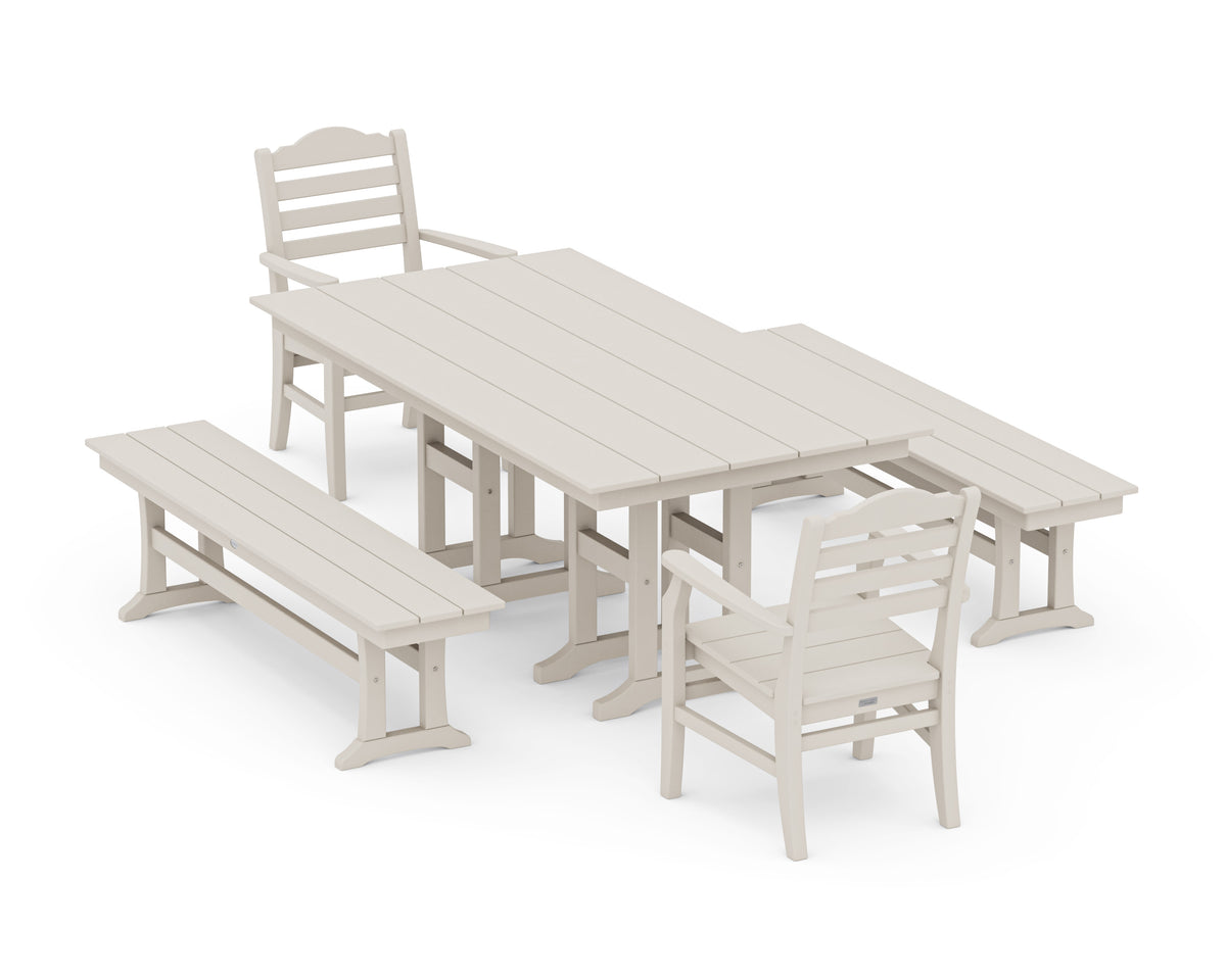 POLYWOOD Savannah 5-Piece Farmhouse Dining Set with Benches in Sand