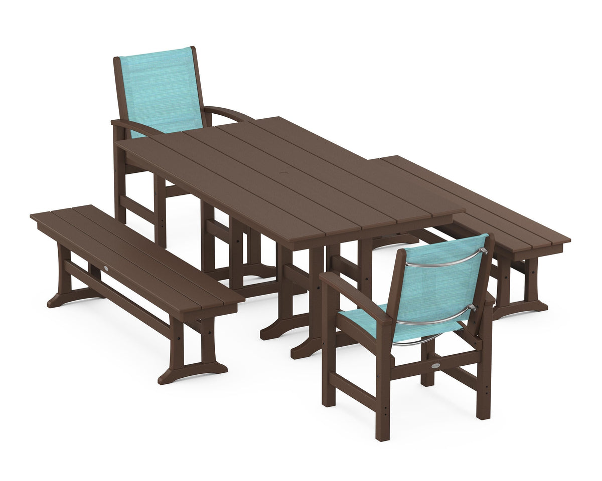 POLYWOOD Coastal 5-Piece Farmhouse Dining Set with Farmhouse 37" x 72" Dining Table in Mahogany / Dupioni Aquamarine
