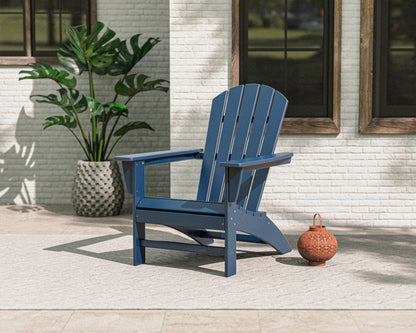 Lifestyle photo of the POLYWOOD Nautical Adirondack Chair in Navy