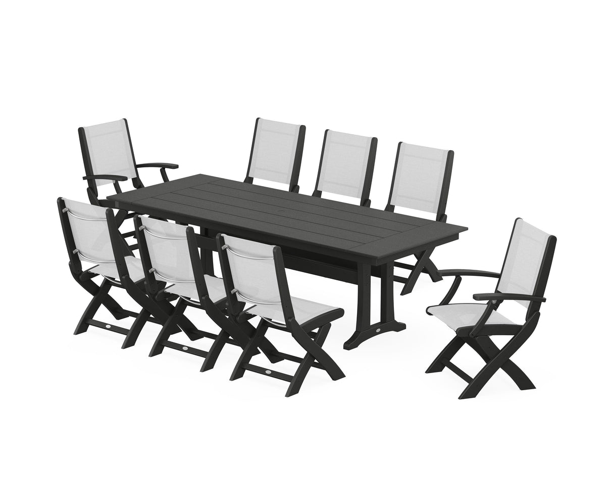 POLYWOOD Coastal 9-Piece Folding Dining Chair Farmhouse Dining Set with Trestle Legs in Black / White
