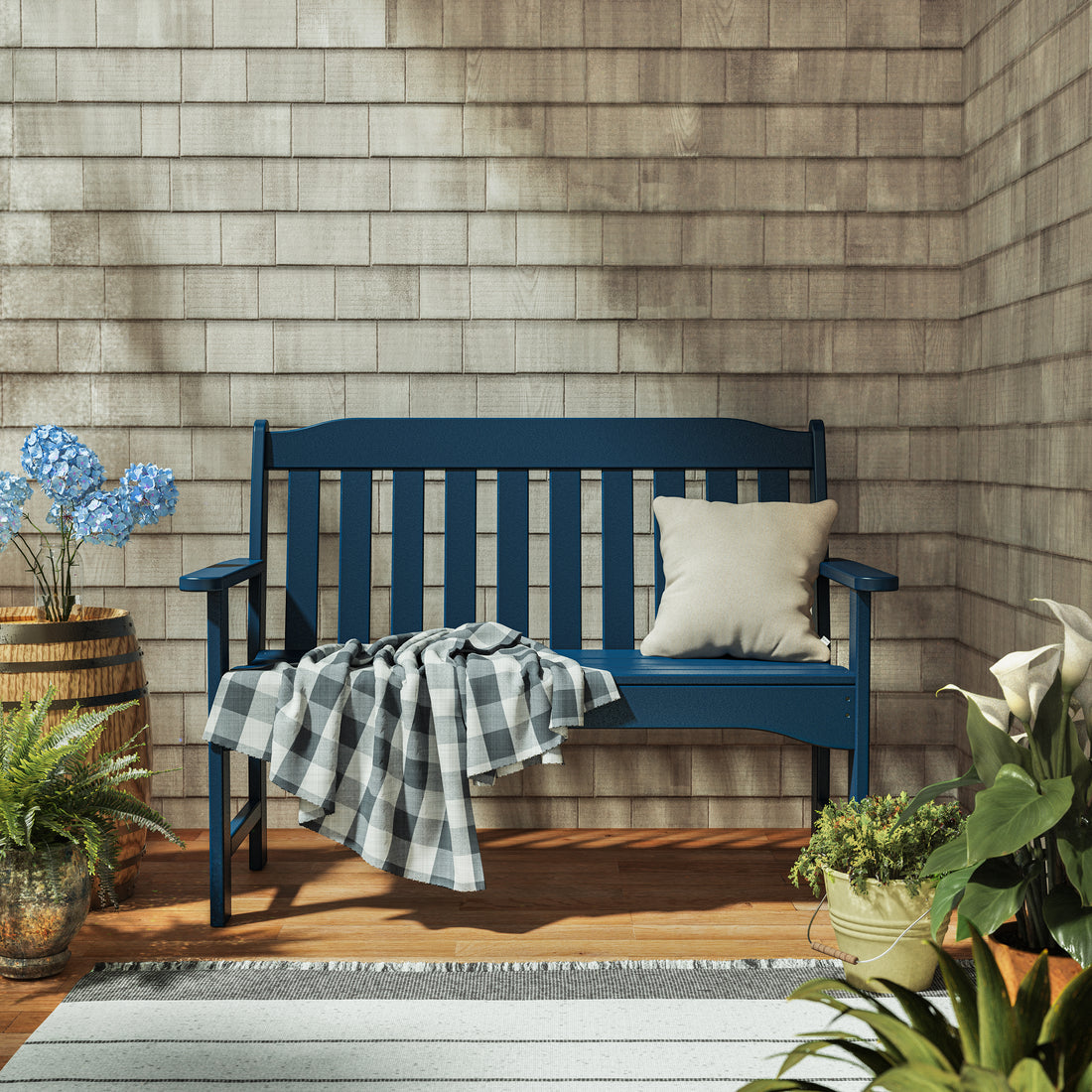 POLYWOOD Country Living 48" Garden Bench in Navy in an outdoor setting