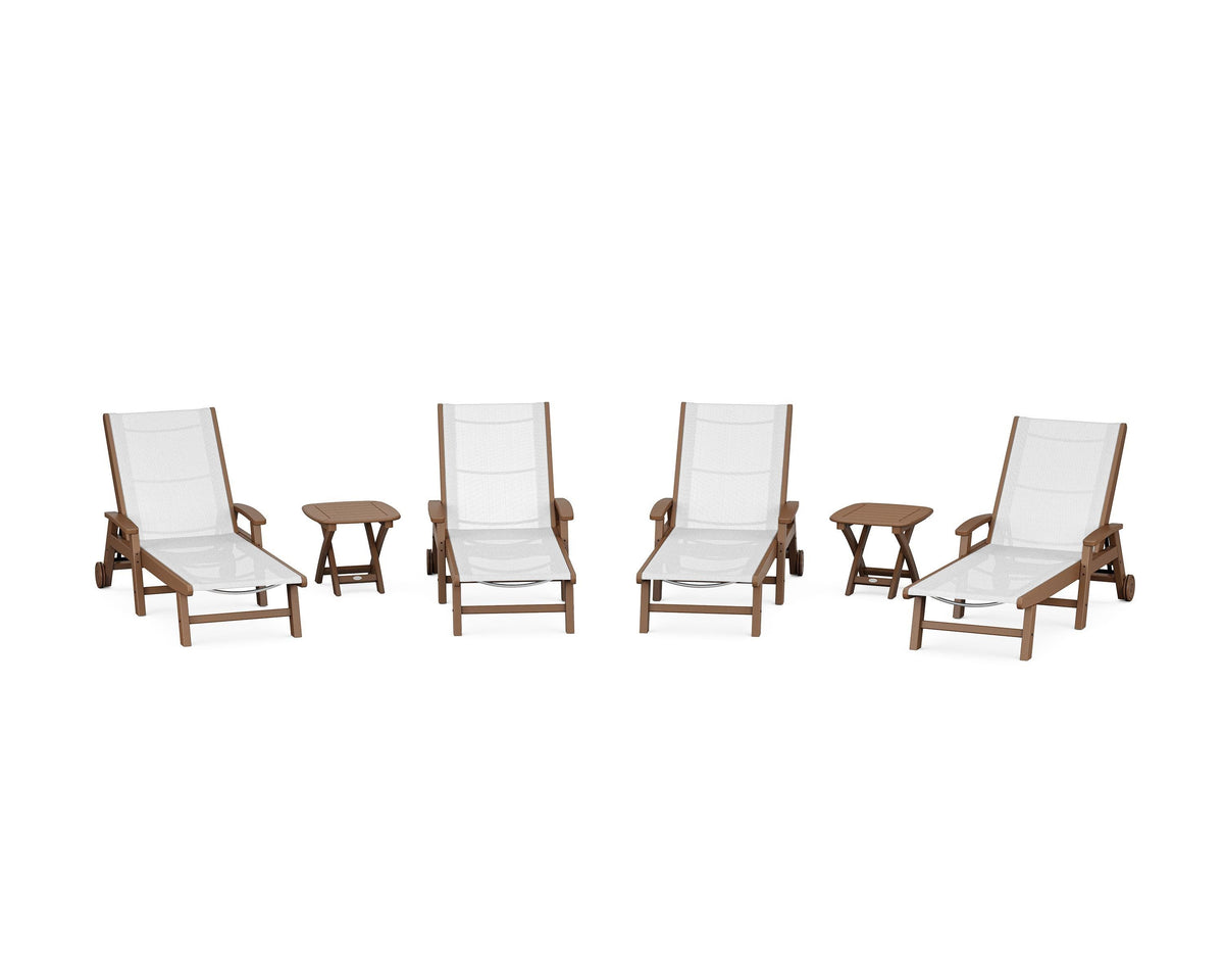 POLYWOOD Coastal Chaise 6-Piece Set with Wheels in Teak / White