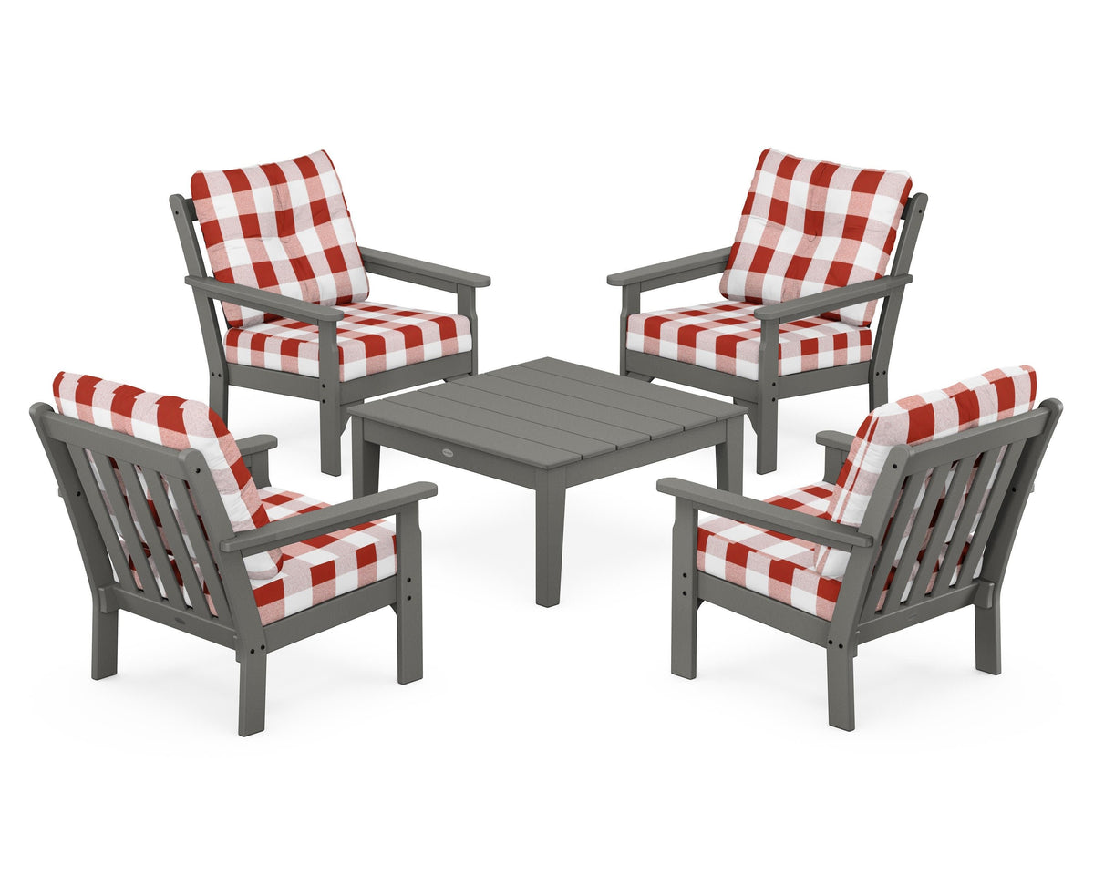 POLYWOOD Vineyard 5-Piece Deep Seating Conversation Set in Slate Grey / Buffalo Plaid Crimson