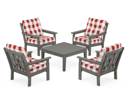 POLYWOOD Vineyard 5-Piece Deep Seating Conversation Set in Slate Grey / Buffalo Plaid Crimson