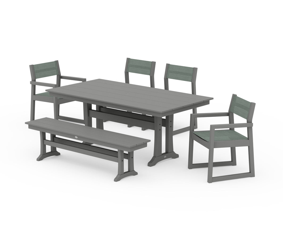 POLYWOOD EDGE Sling 6-Piece Farmhouse Dining Set With Trestle Legs in Slate Grey / Dupioni Sea Mist