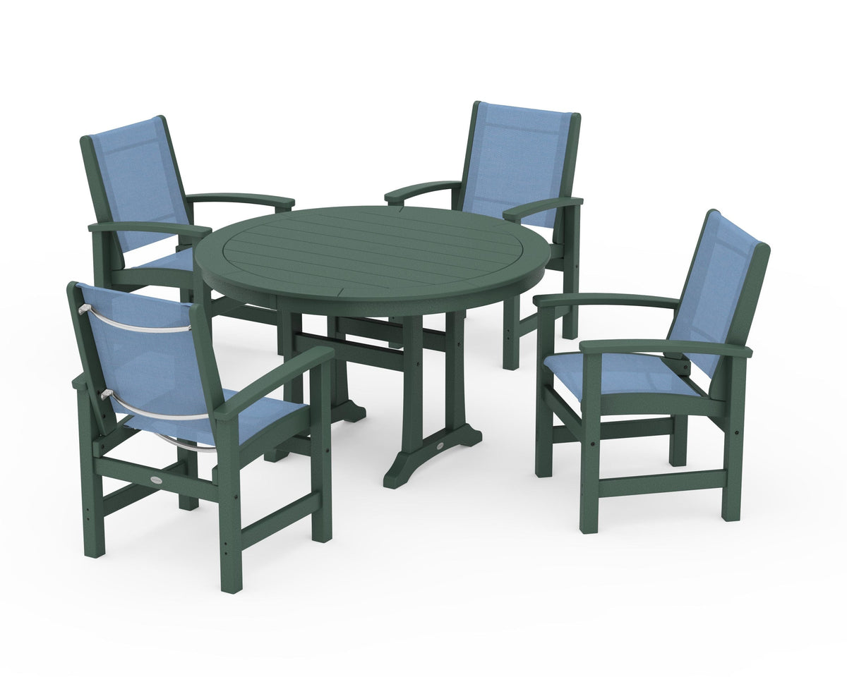 POLYWOOD Coastal 5-Piece Round Dining Set with Trestle Legs in Green / Poolside