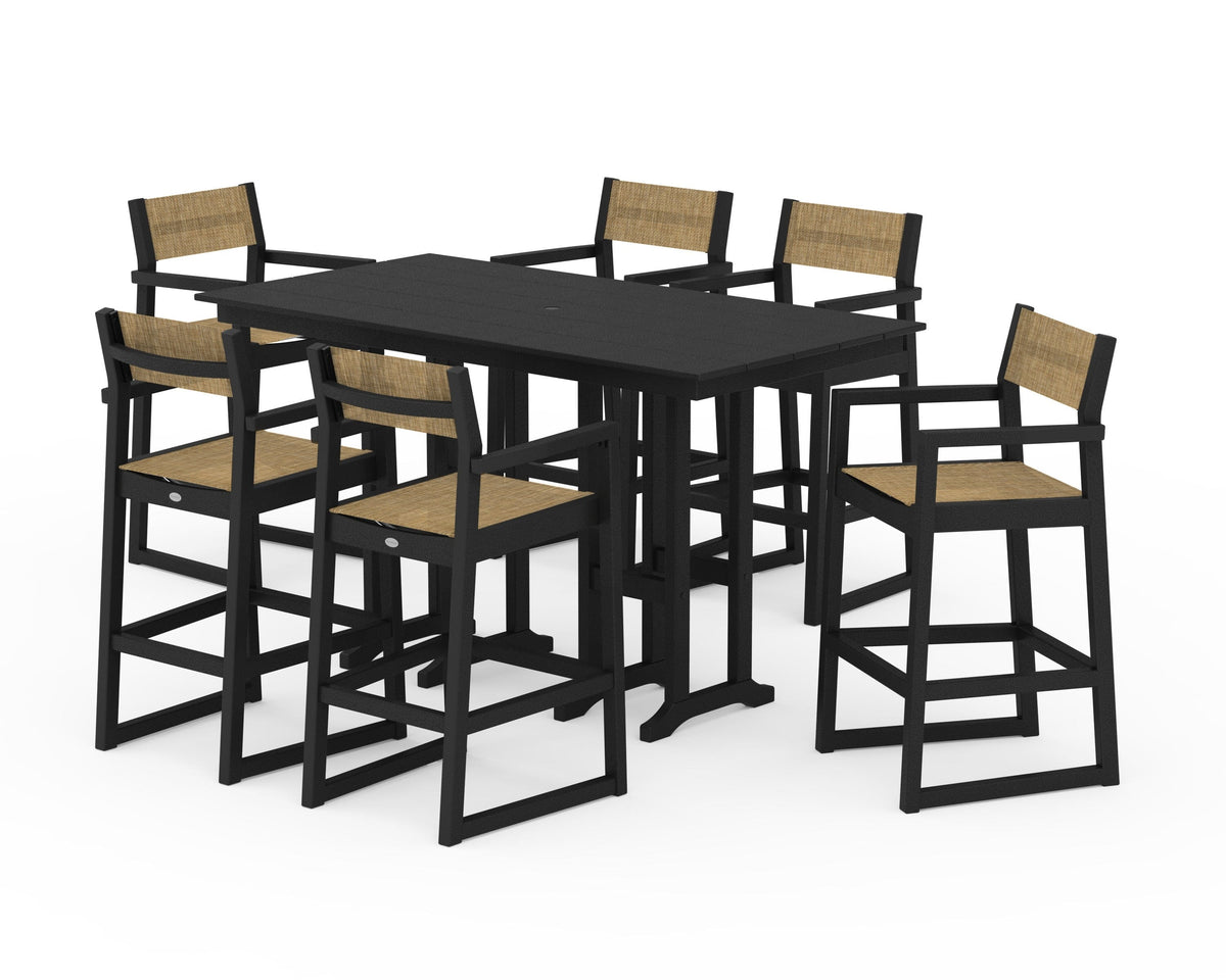 POLYWOOD EDGE Sling Arm Chair 7-Piece Farmhouse Bar Set in Black / Burlap