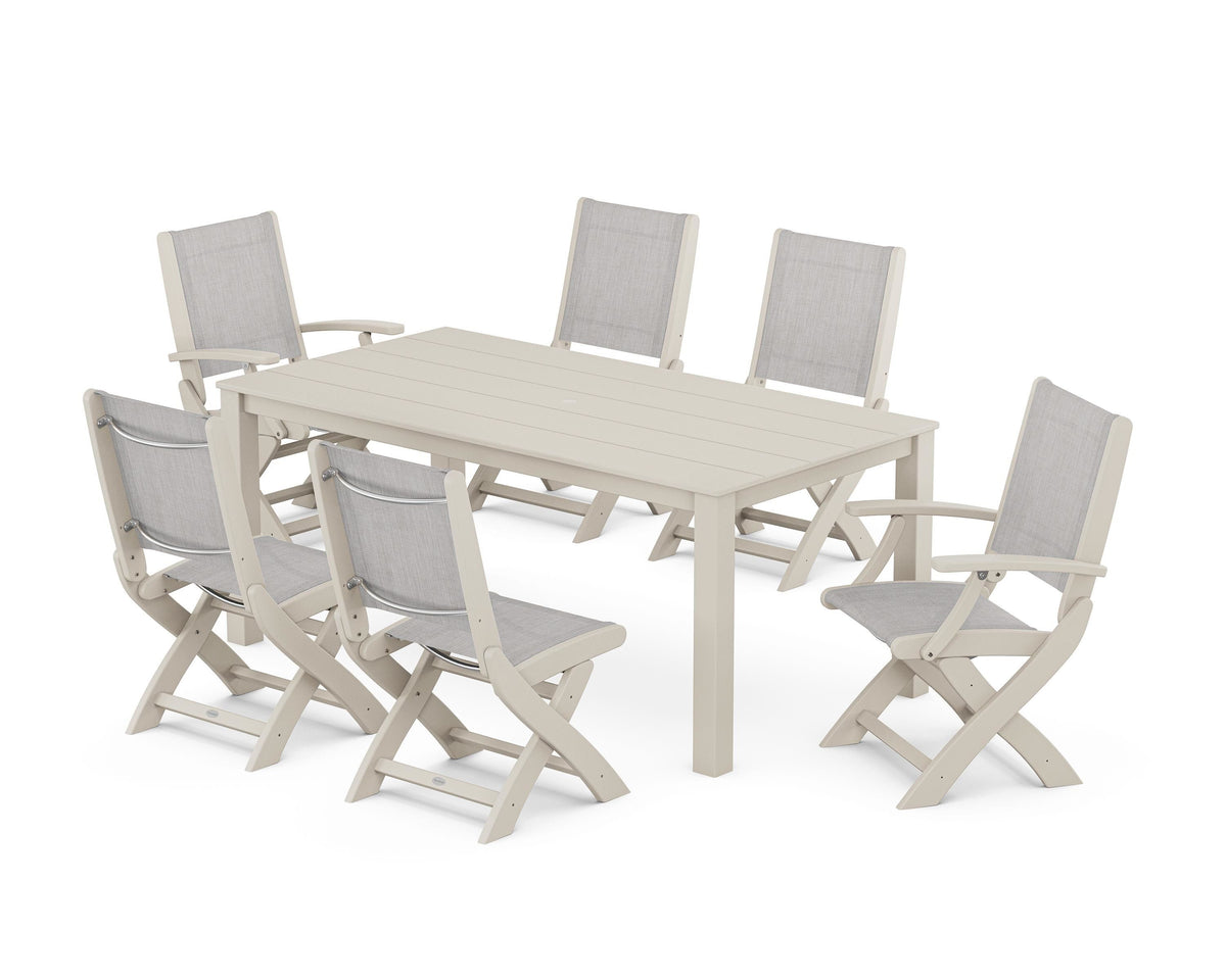 POLYWOOD Coastal Folding Chair 7-Piece Parsons Dining Set with Coastal Folding Side Chair in Sand / Parchment