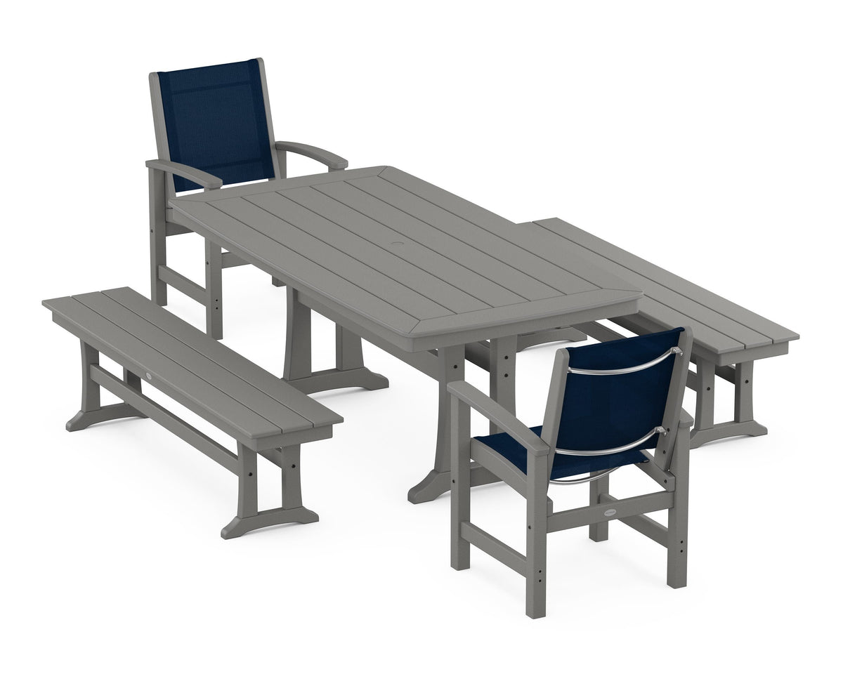 POLYWOOD Coastal 5-Piece Dining Set with Trestle Legs and Benches in Slate Grey / Navy Blue