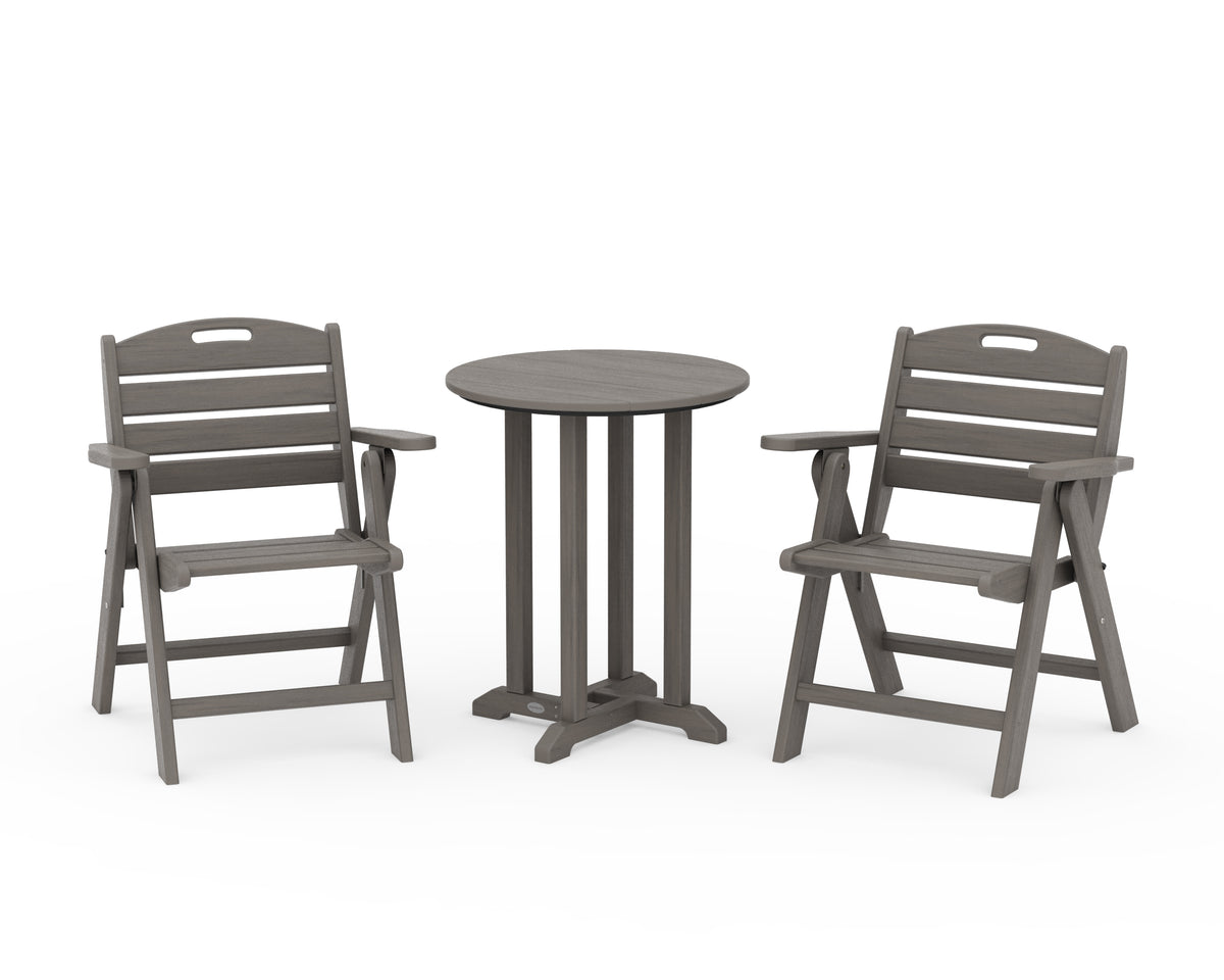 POLYWOOD Nautical Folding Lowback Chair 3-Piece Round Bistro Dining Set in Driftwood