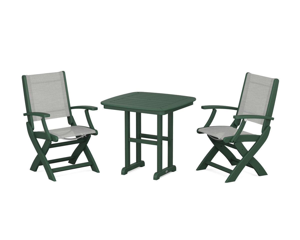 POLYWOOD Coastal Folding Chair 3-Piece Dining Set in Green / Metallic