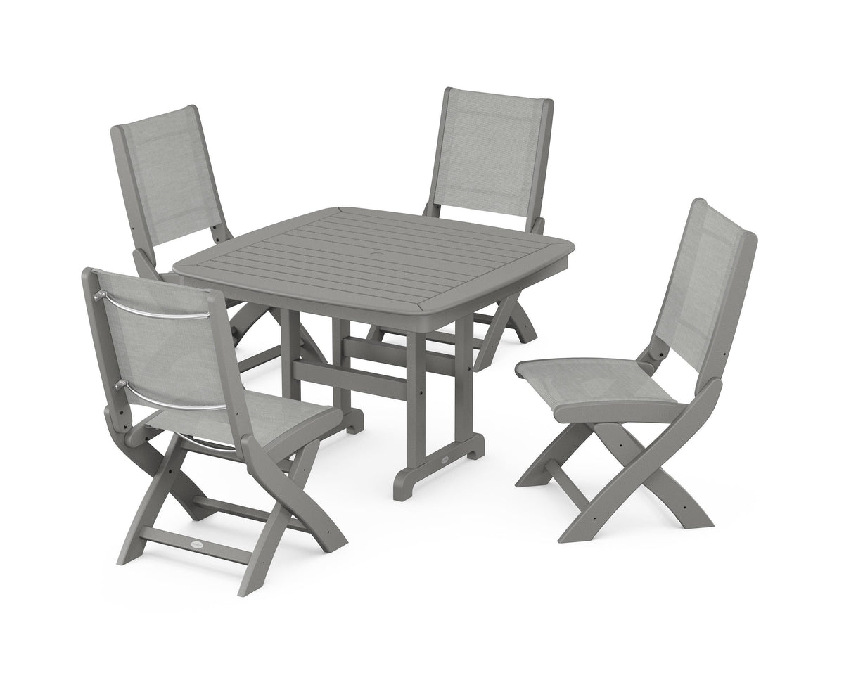 POLYWOOD Coastal Folding Side Chair 5-Piece Dining Set with Nautical 44" Dining Table in Slate Grey / Metallic