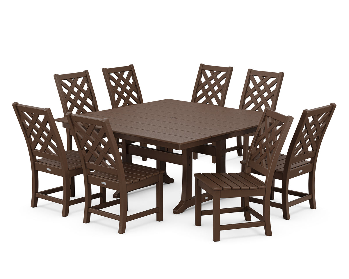 POLYWOOD Wovendale Side Chair 9-Piece Square Farmhouse Dining Set with Trestle Legs in Mahogany