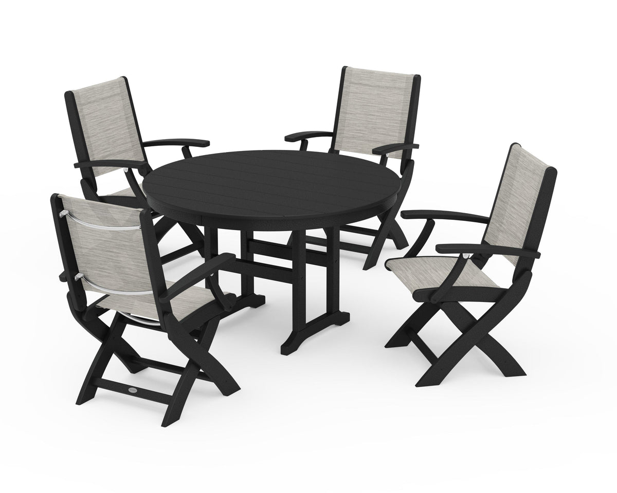 POLYWOOD Coastal Folding Chair 5-Piece Round Dining Set in Black / Birch